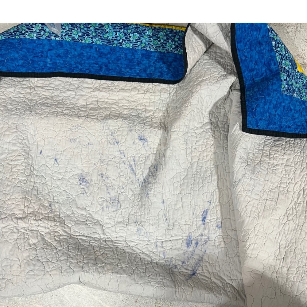 Handmade Modern Farmhouse Patchwork Quilt Blue Yellow Geometric Star 64x70 - Picture 7 of 7